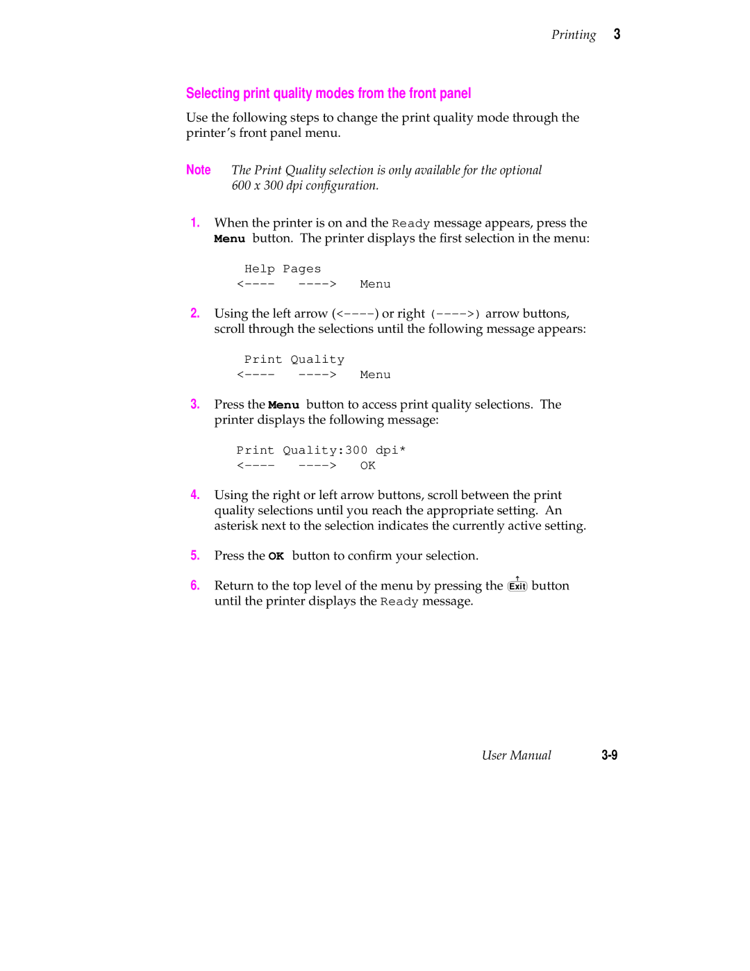 Tektronix 340 manual Selecting print quality modes from the front panel 