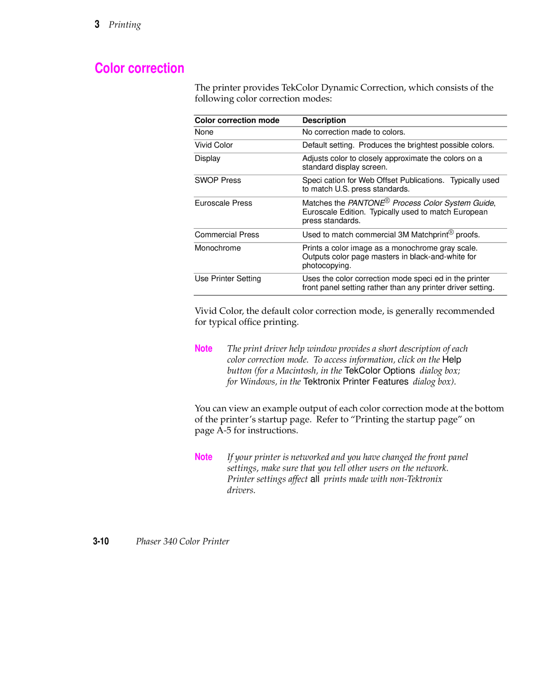 Tektronix 340 manual Color correction mode Description 