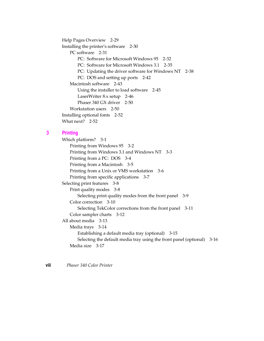 Tektronix manual Printing, Viii Phaser 340 Color Printer 