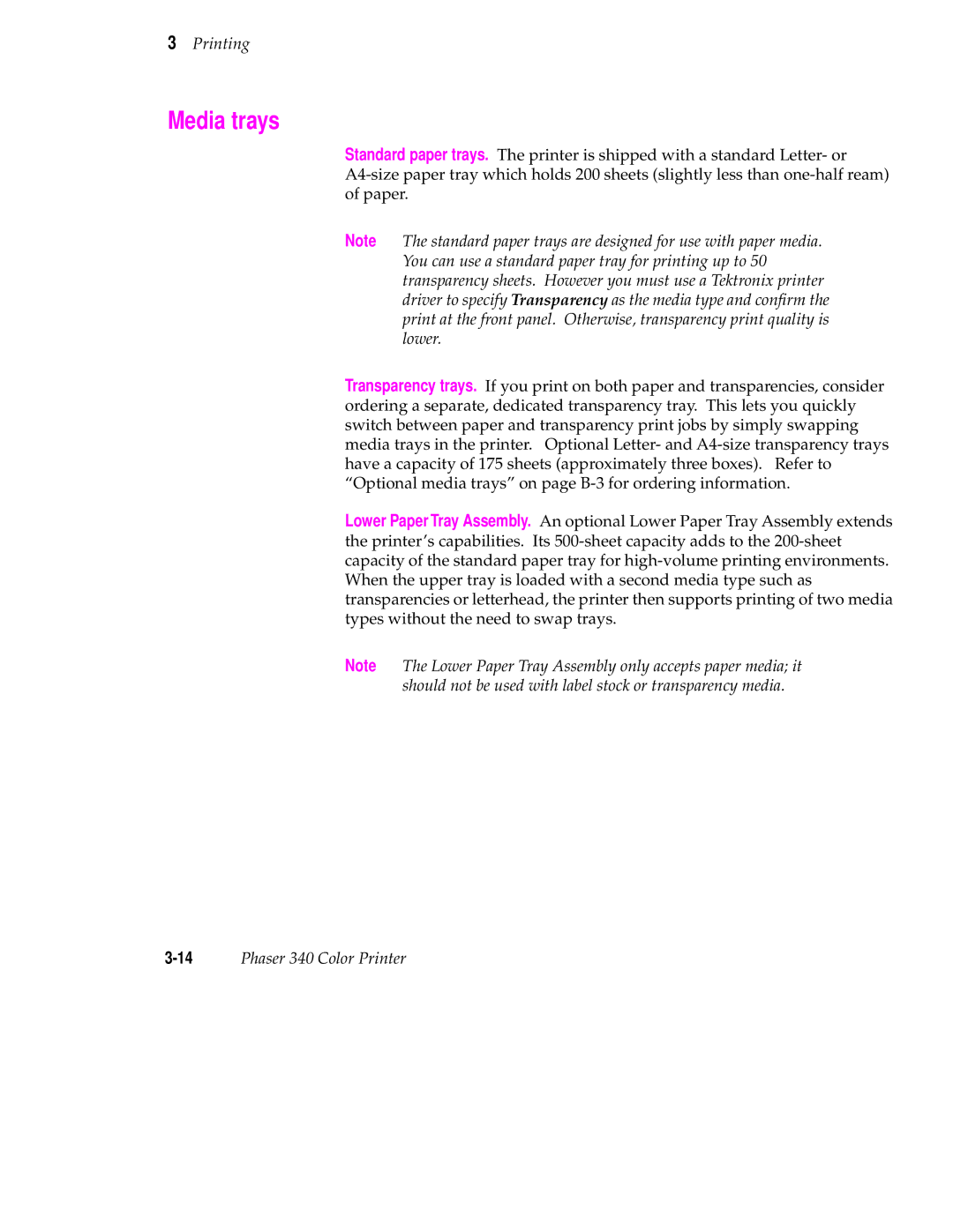 Tektronix manual Media trays, 14Phaser 340 Color Printer 