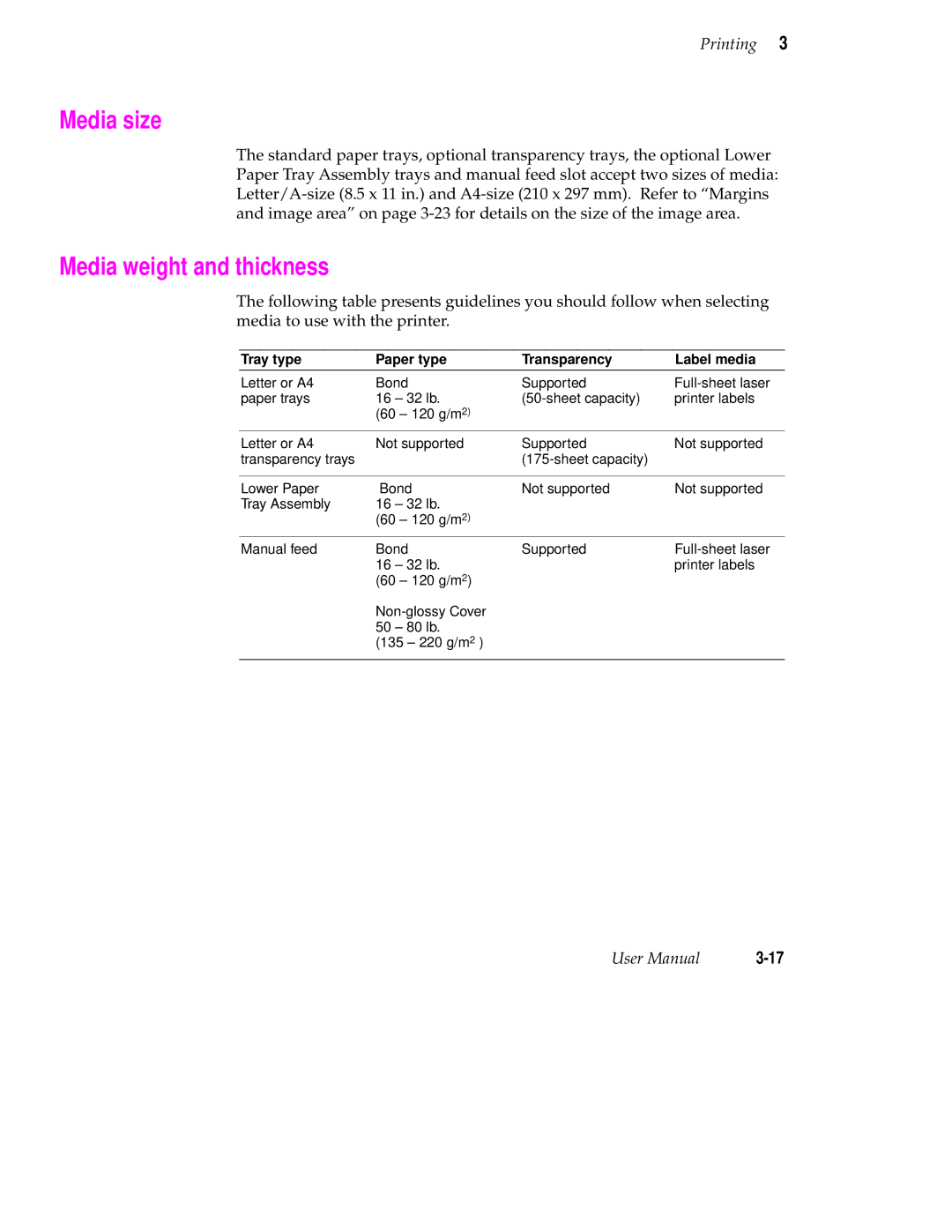 Tektronix 340 manual Media size, Media weight and thickness, Tray type Paper type Transparency Label media 