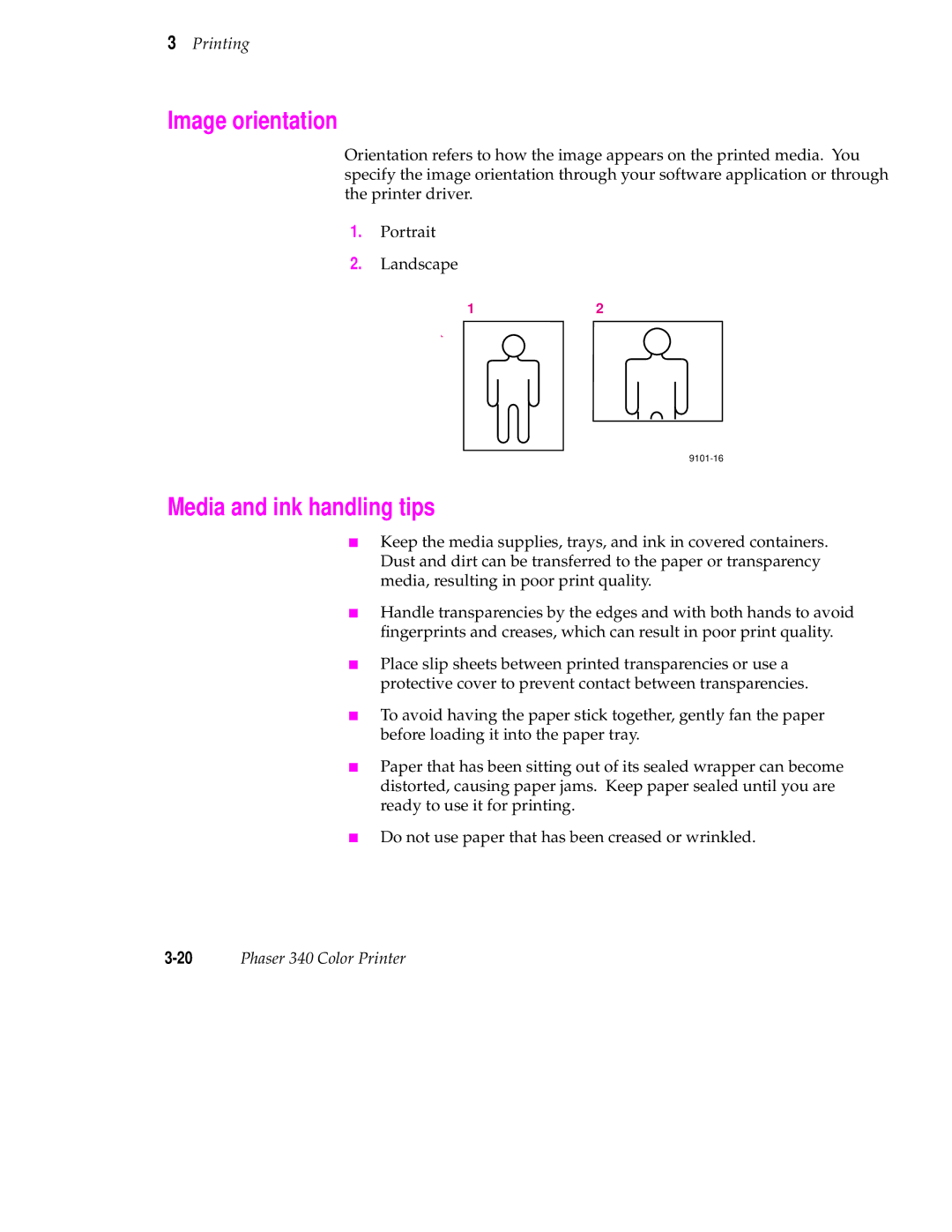 Tektronix 340 manual Image orientation, Media and ink handling tips 