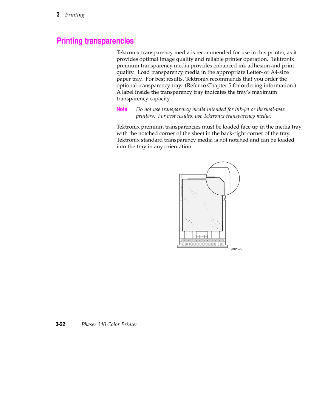 Tektronix manual Printing transparencies, 22Phaser 340 Color Printer 