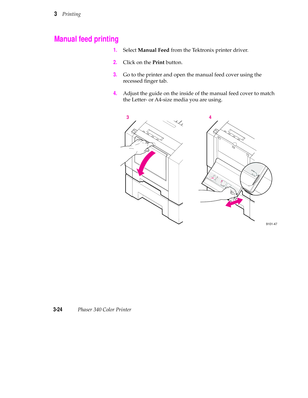 Tektronix manual Manual feed printing, 24Phaser 340 Color Printer 