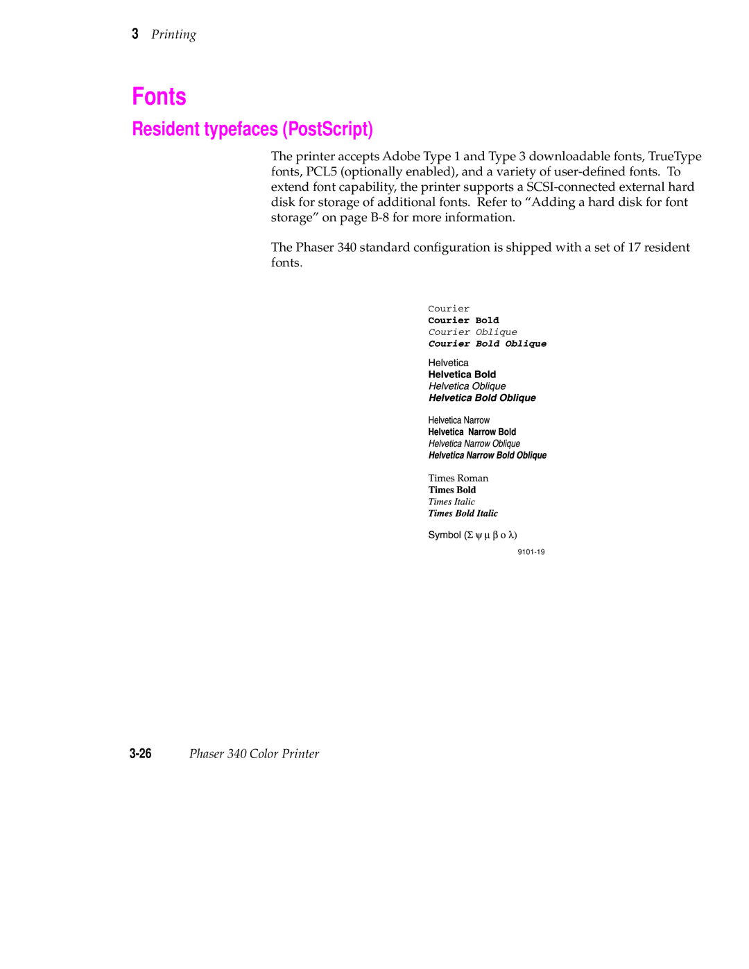 Tektronix 340 manual Fonts, Resident typefaces PostScript 