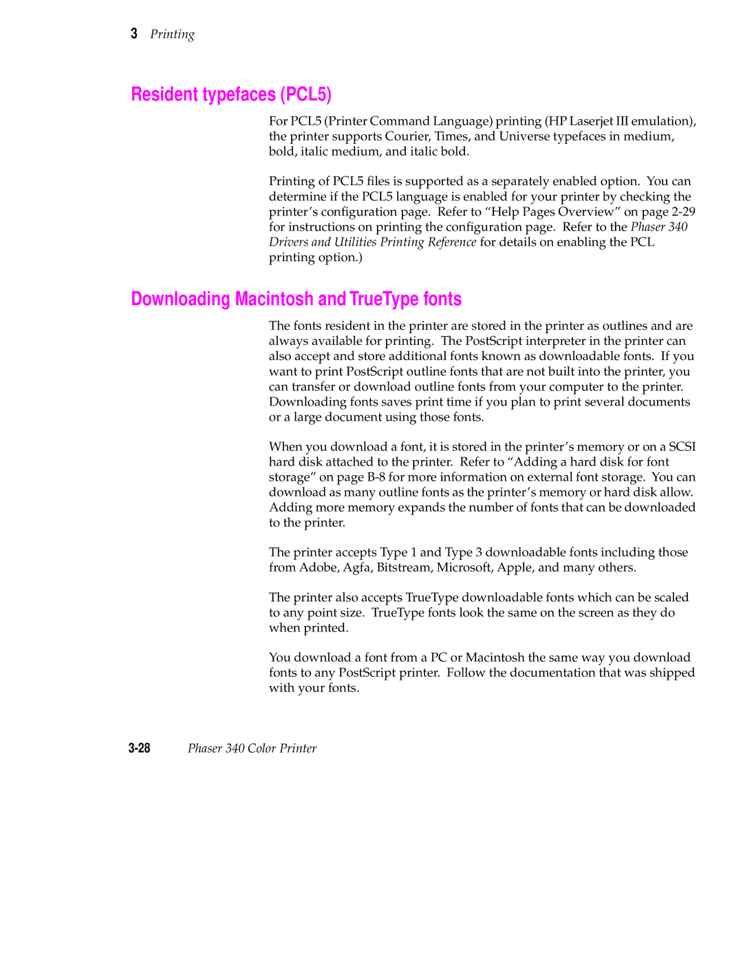 Tektronix 340 manual Resident typefaces PCL5, Downloading Macintosh and TrueType fonts 