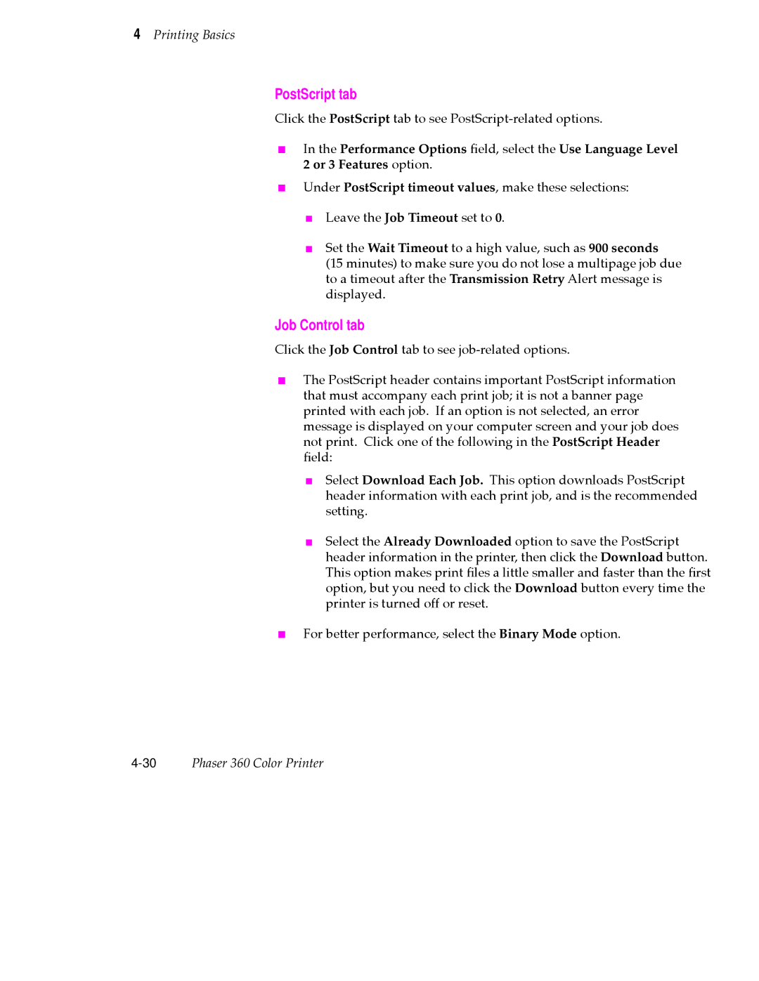 Tektronix 360 user manual PostScript tab, Job Control tab 