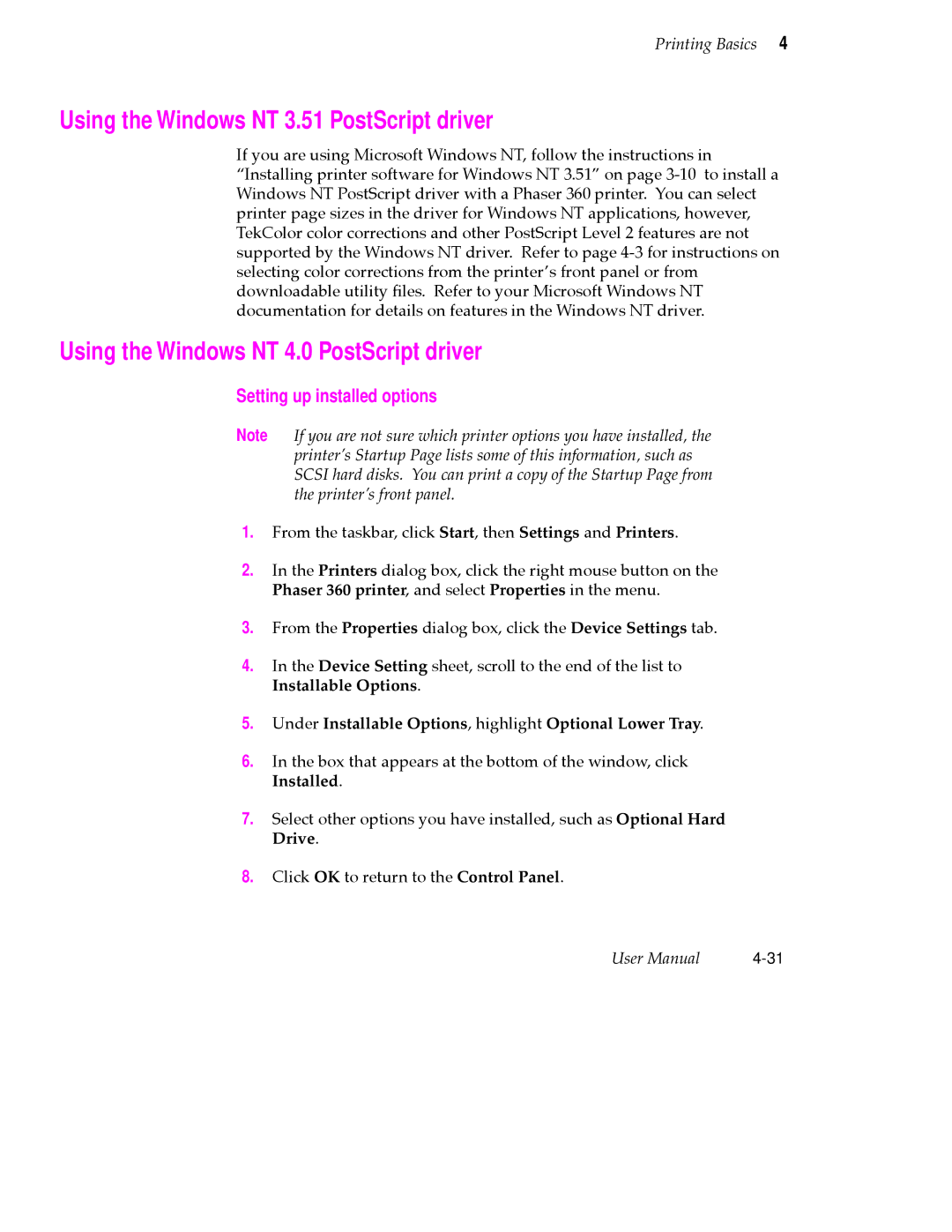 Tektronix 360 Using the Windows NT 3.51 PostScript driver, Using the Windows NT 4.0 PostScript driver, Installed 
