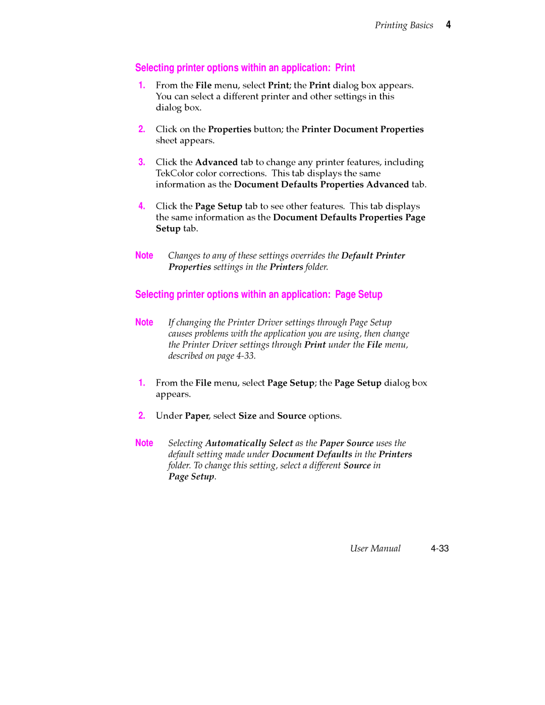 Tektronix 360 user manual Selecting printer options within an application Print 