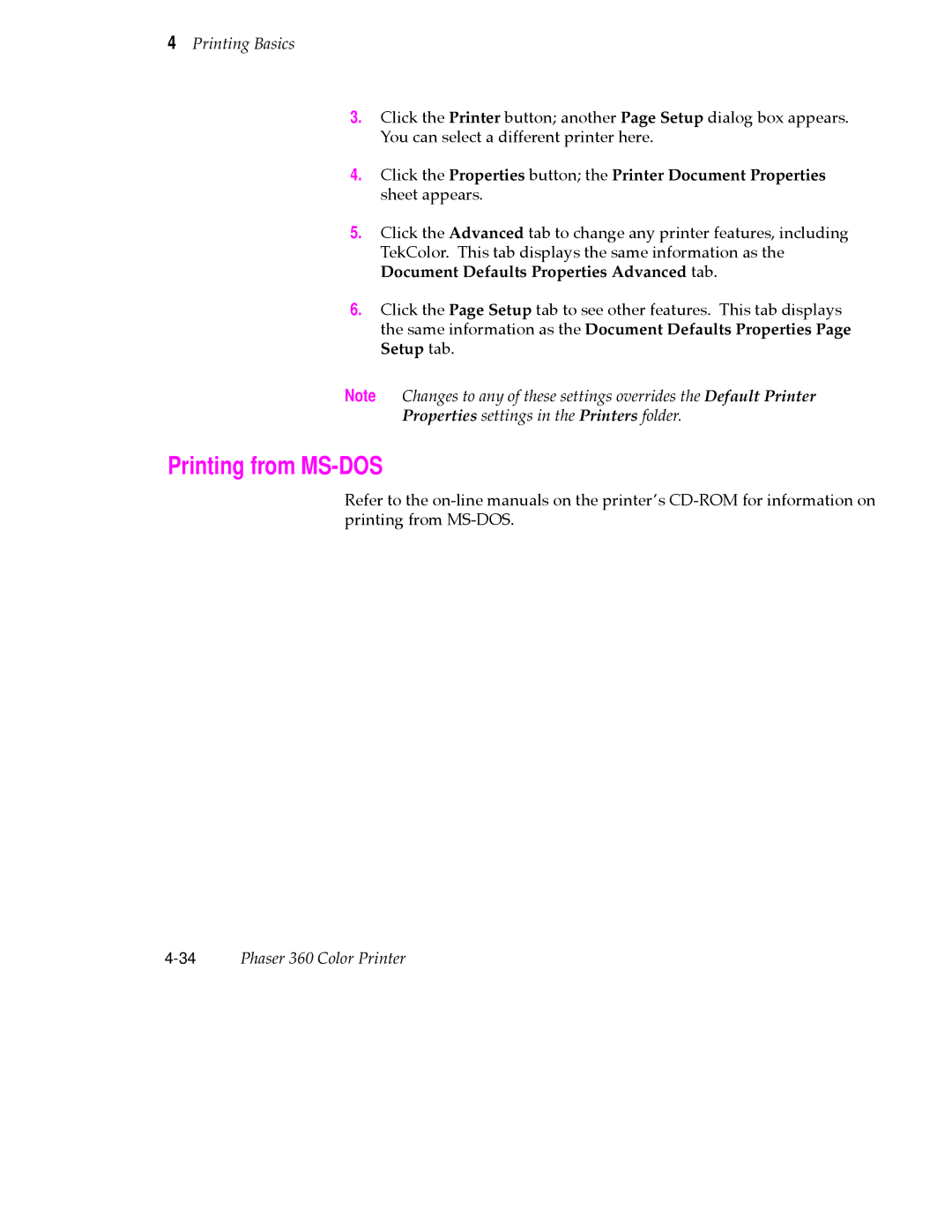 Tektronix 360 user manual Printing from MS-DOS, Document Defaults Properties Advanced tab 