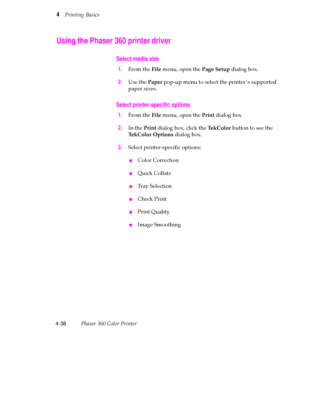 Tektronix user manual Using the Phaser 360 printer driver, Select media size, Select printer-speciﬁc options 