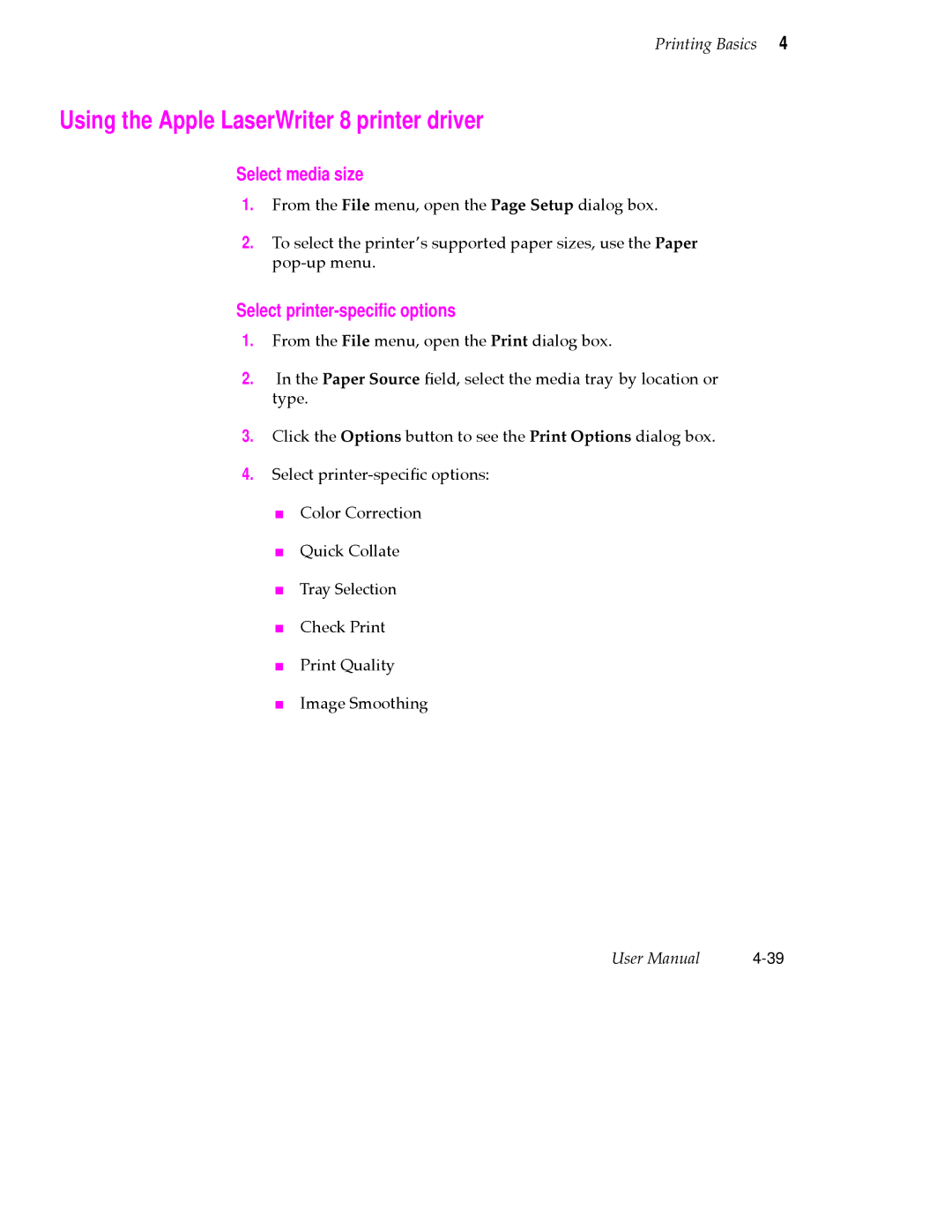 Tektronix 360 user manual Using the Apple LaserWriter 8 printer driver 