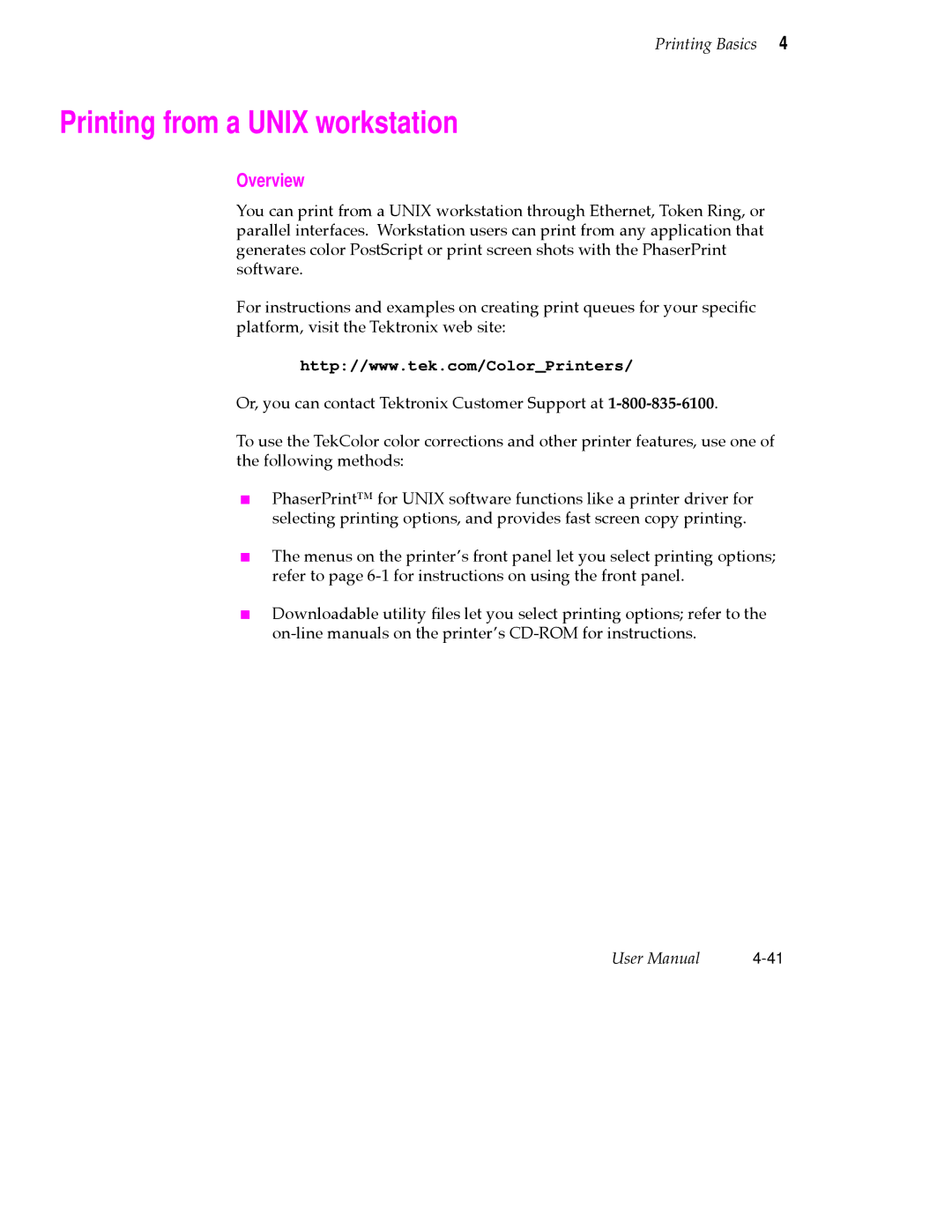 Tektronix 360 user manual Printing from a Unix workstation, Overview 