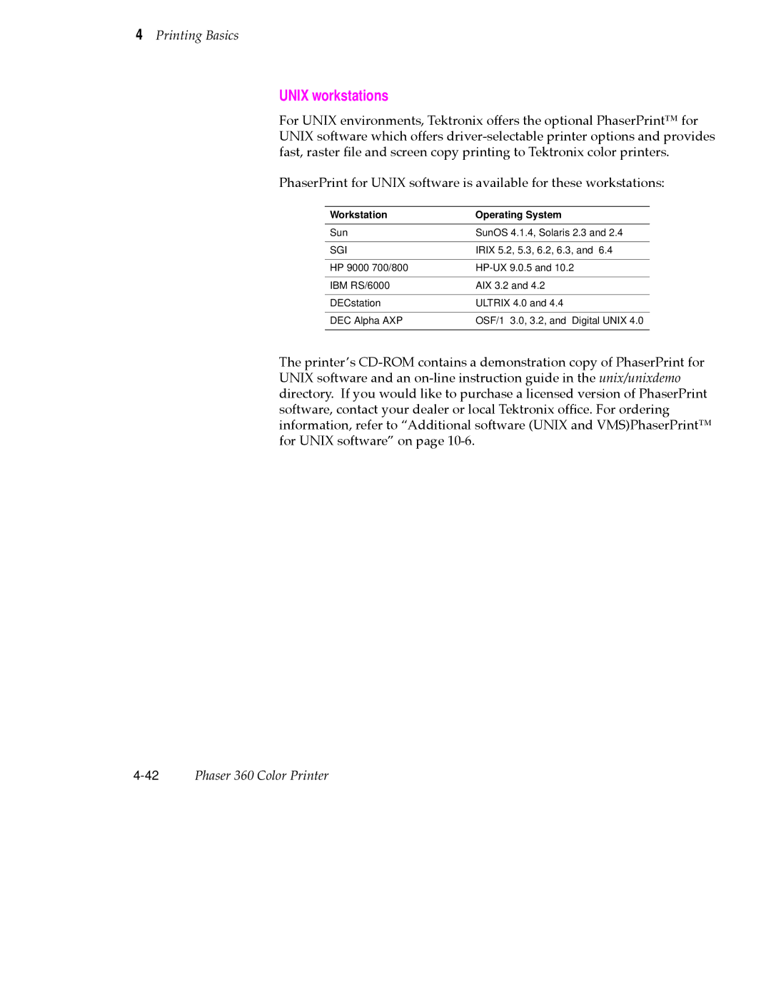 Tektronix 360 user manual Unix workstations, Workstation Operating System 