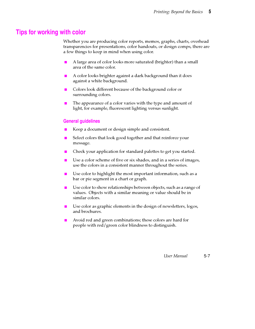 Tektronix 360 user manual Tips for working with color, General guidelines 