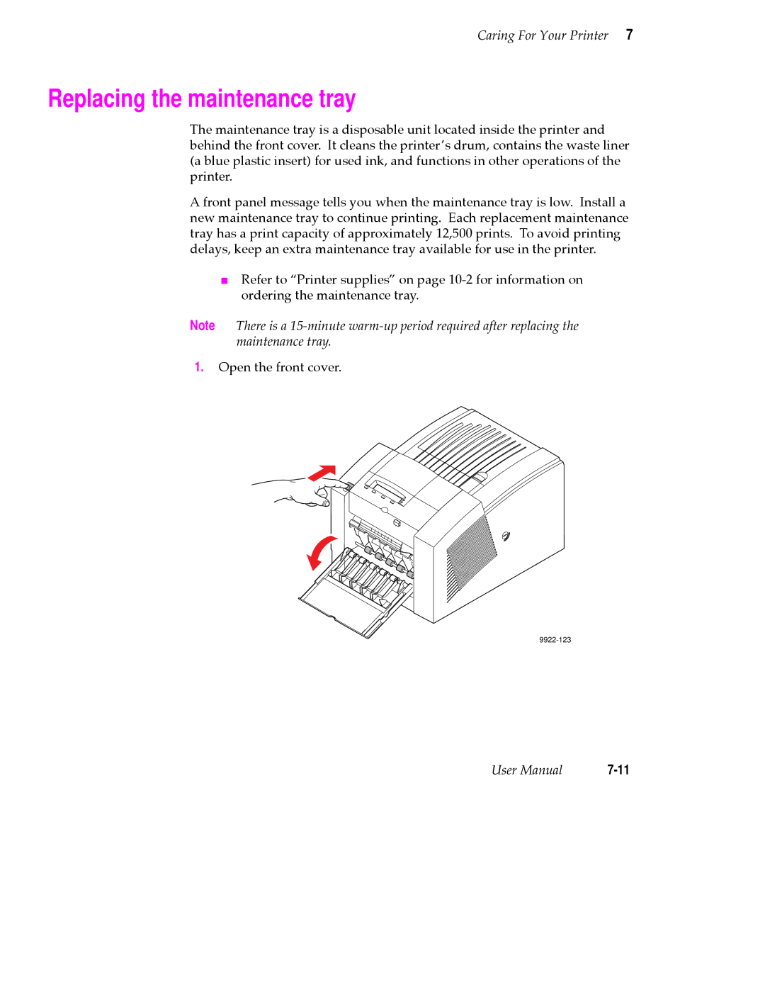 Tektronix 360 user manual Replacing the maintenance tray 