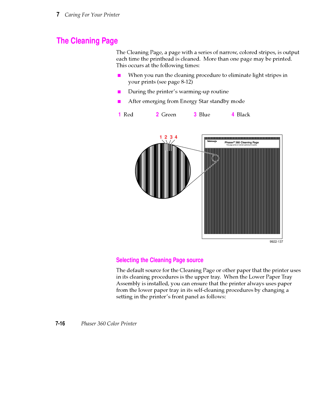 Tektronix 360 user manual Selecting the Cleaning Page source 