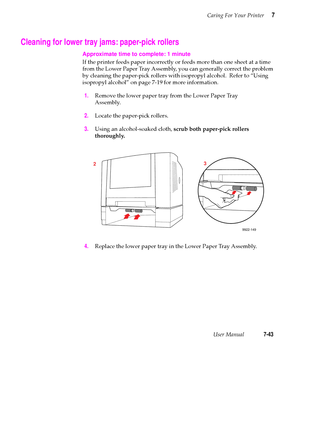 Tektronix 360 user manual Cleaning for lower tray jams paper-pick rollers, Approximate time to complete 1 minute 