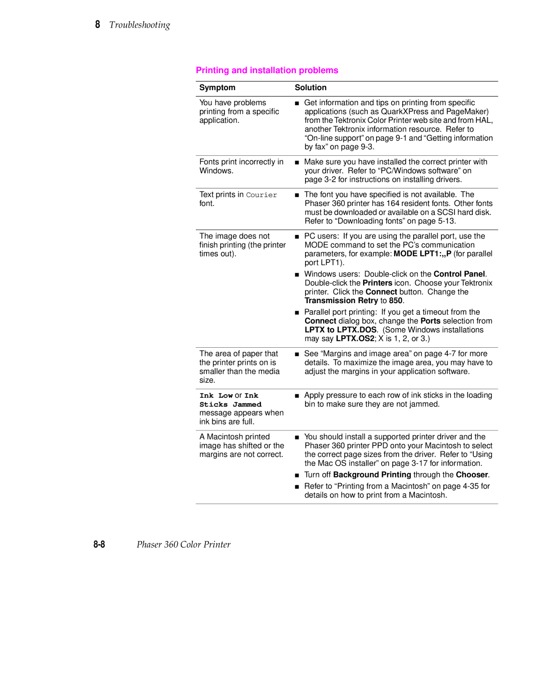 Tektronix 360 user manual Transmission Retry to, Turn off Background Printing through the Chooser 