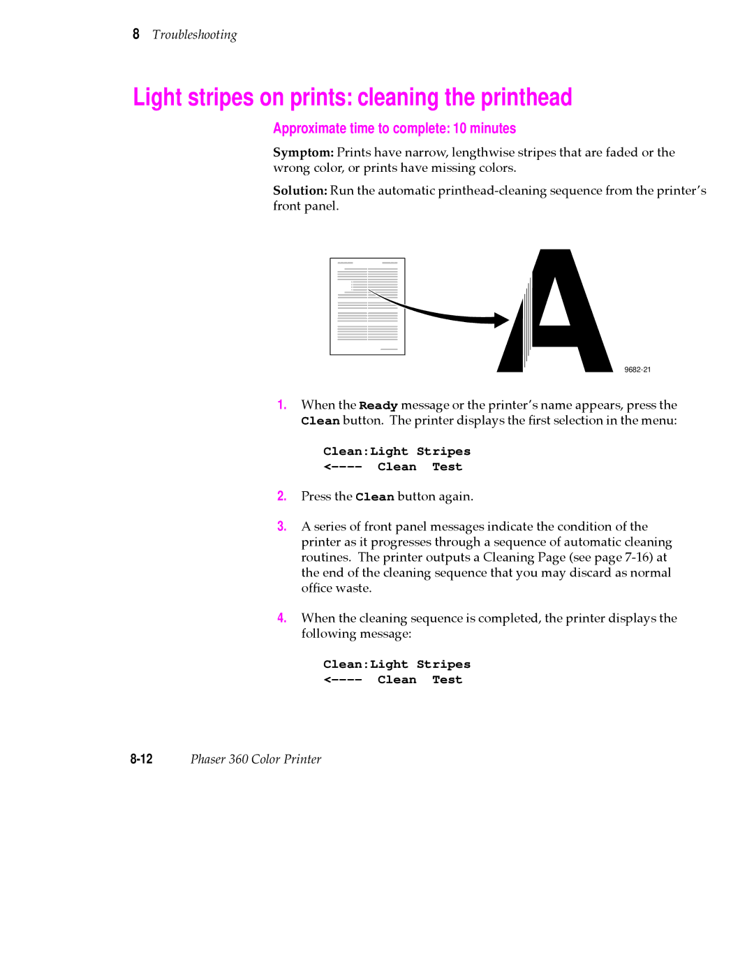 Tektronix 360 user manual Light stripes on prints cleaning the printhead, Approximate time to complete 10 minutes 