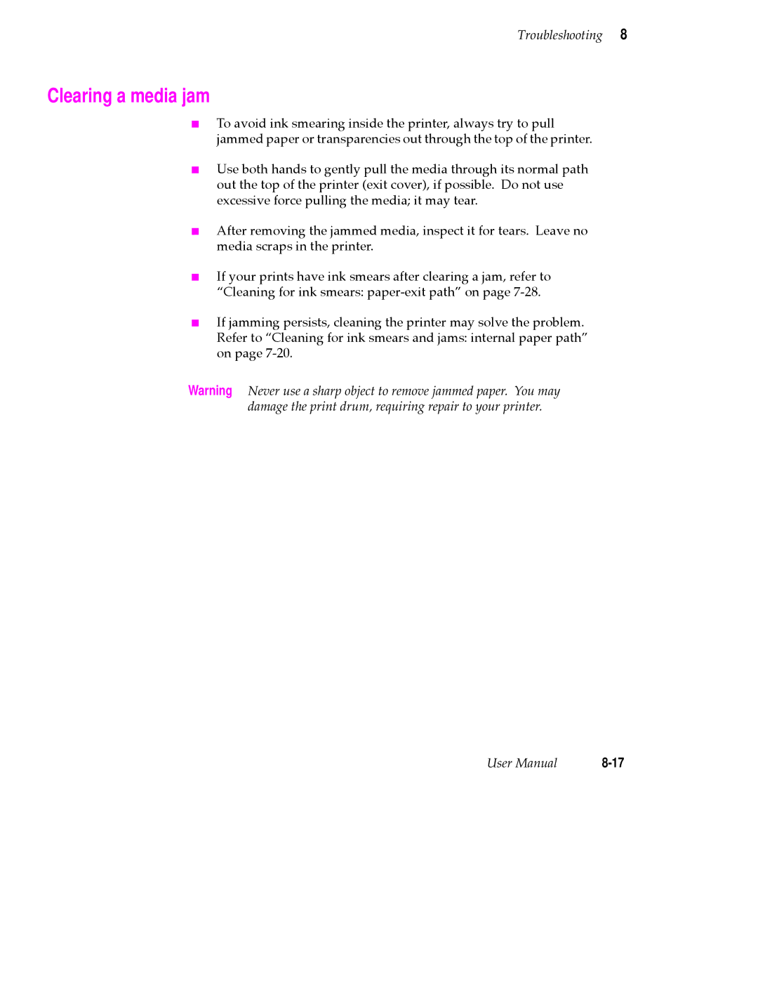 Tektronix 360 user manual Clearing a media jam 