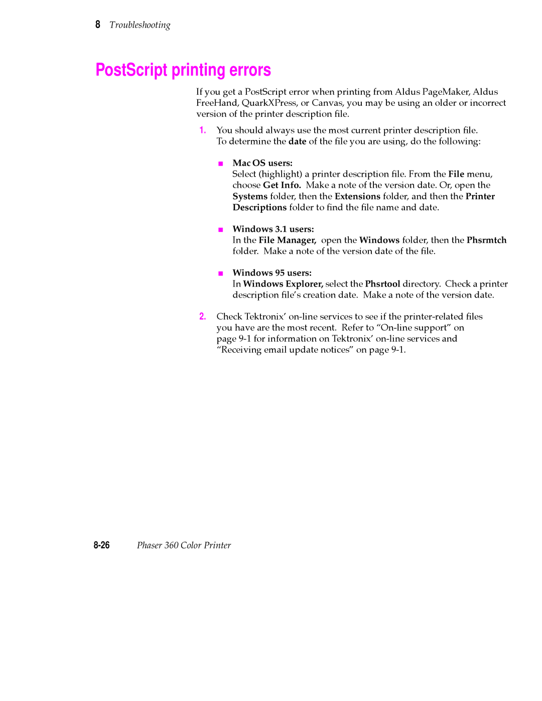 Tektronix 360 user manual PostScript printing errors, Mac OS users, Windows 3.1 users, Windows 95 users 