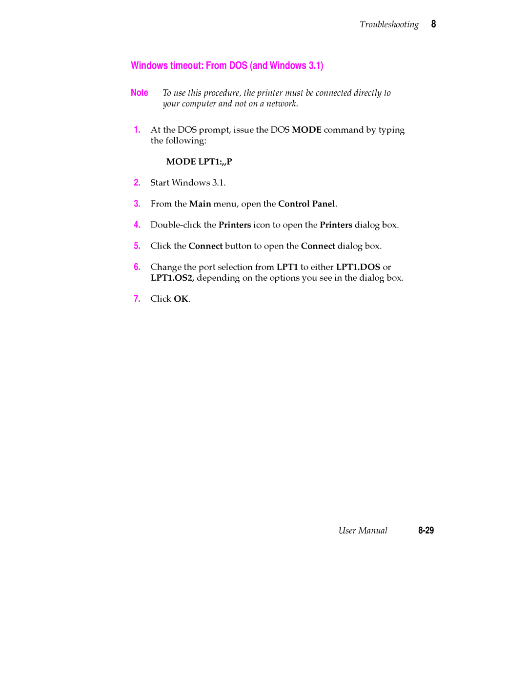 Tektronix 360 user manual Windows timeout From DOS and Windows, Mode LPT1,,P 