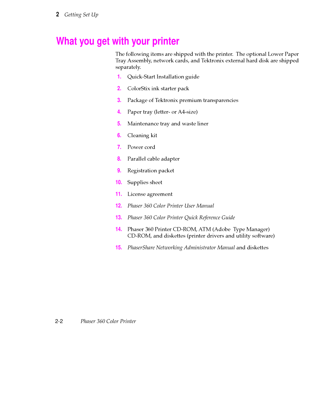 Tektronix user manual What you get with your printer, Phaser 360 Color Printer Quick Reference Guide 