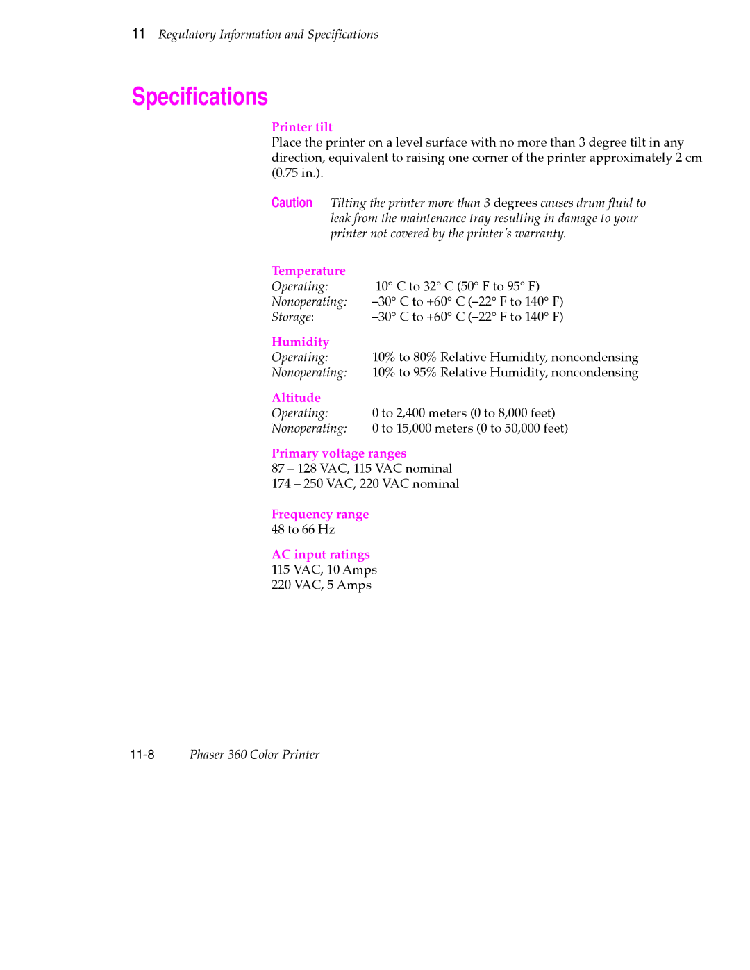 Tektronix 360 user manual Speciﬁcations, Printer tilt 