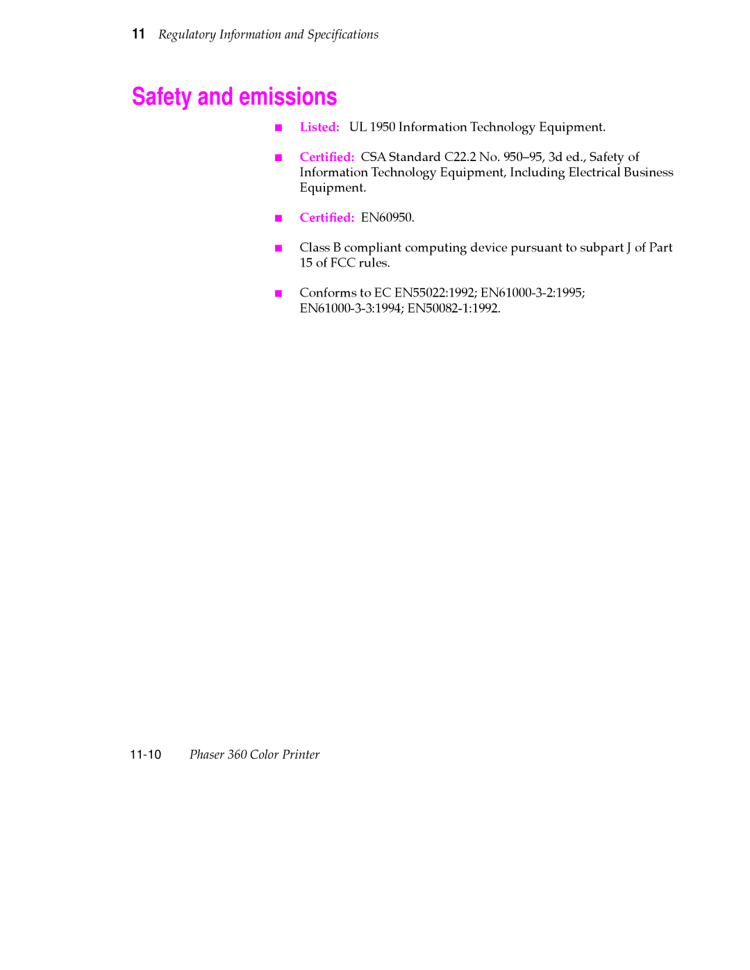 Tektronix 360 user manual Safety and emissions, Certiﬁed EN60950 