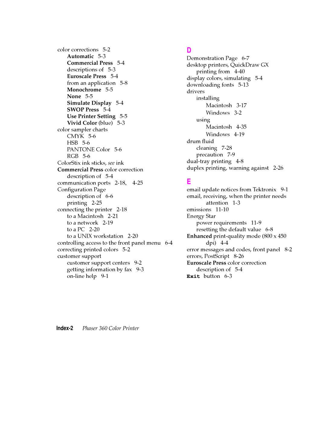 Tektronix user manual Index-2Phaser 360 Color Printer 