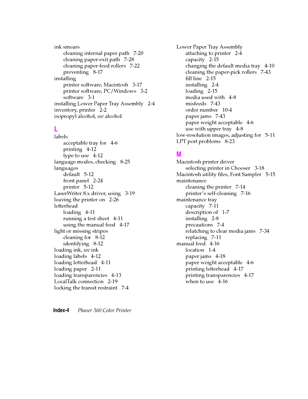 Tektronix user manual Index-4Phaser 360 Color Printer 