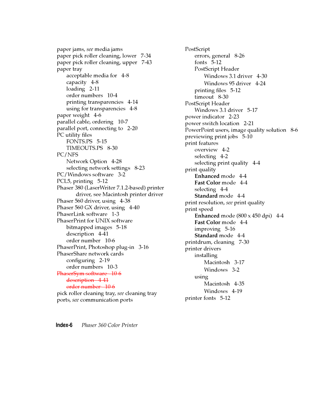 Tektronix user manual Index-6Phaser 360 Color Printer 