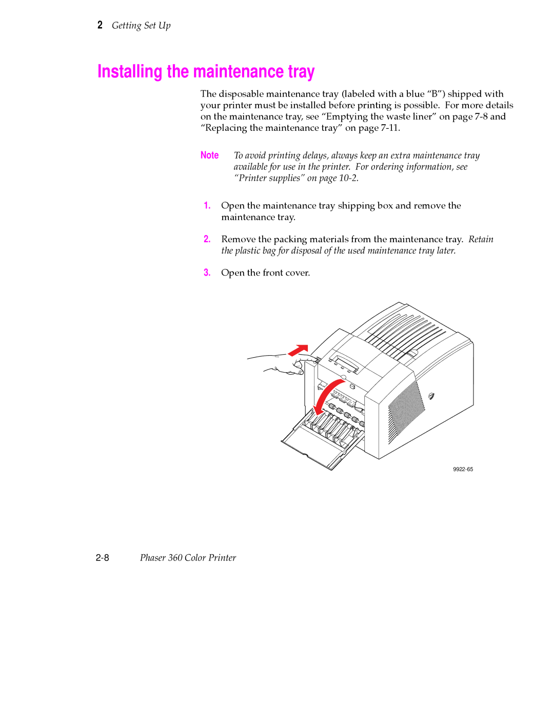 Tektronix 360 user manual Installing the maintenance tray 