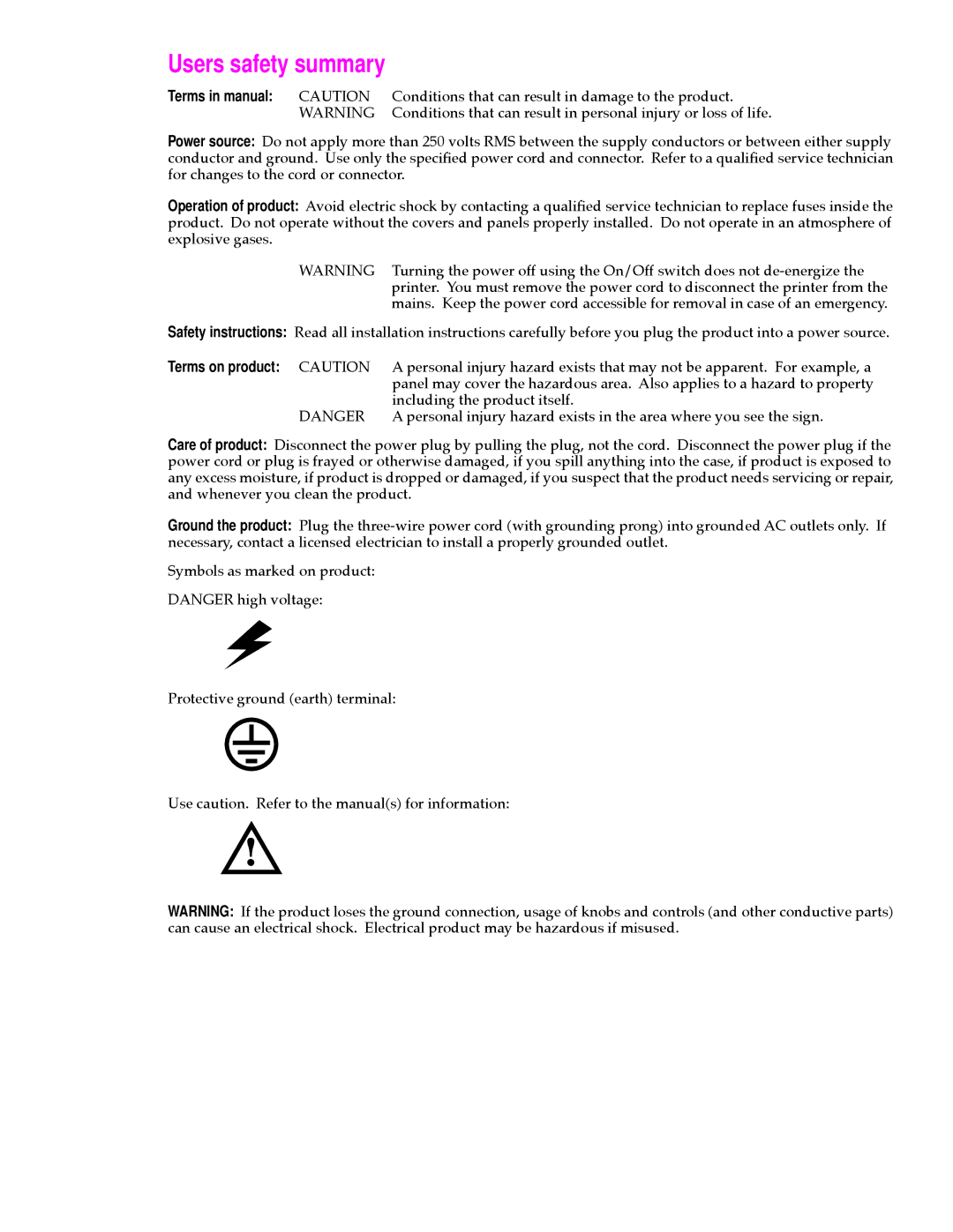 Tektronix 360 user manual Users safety summary, Terms in manual Caution 