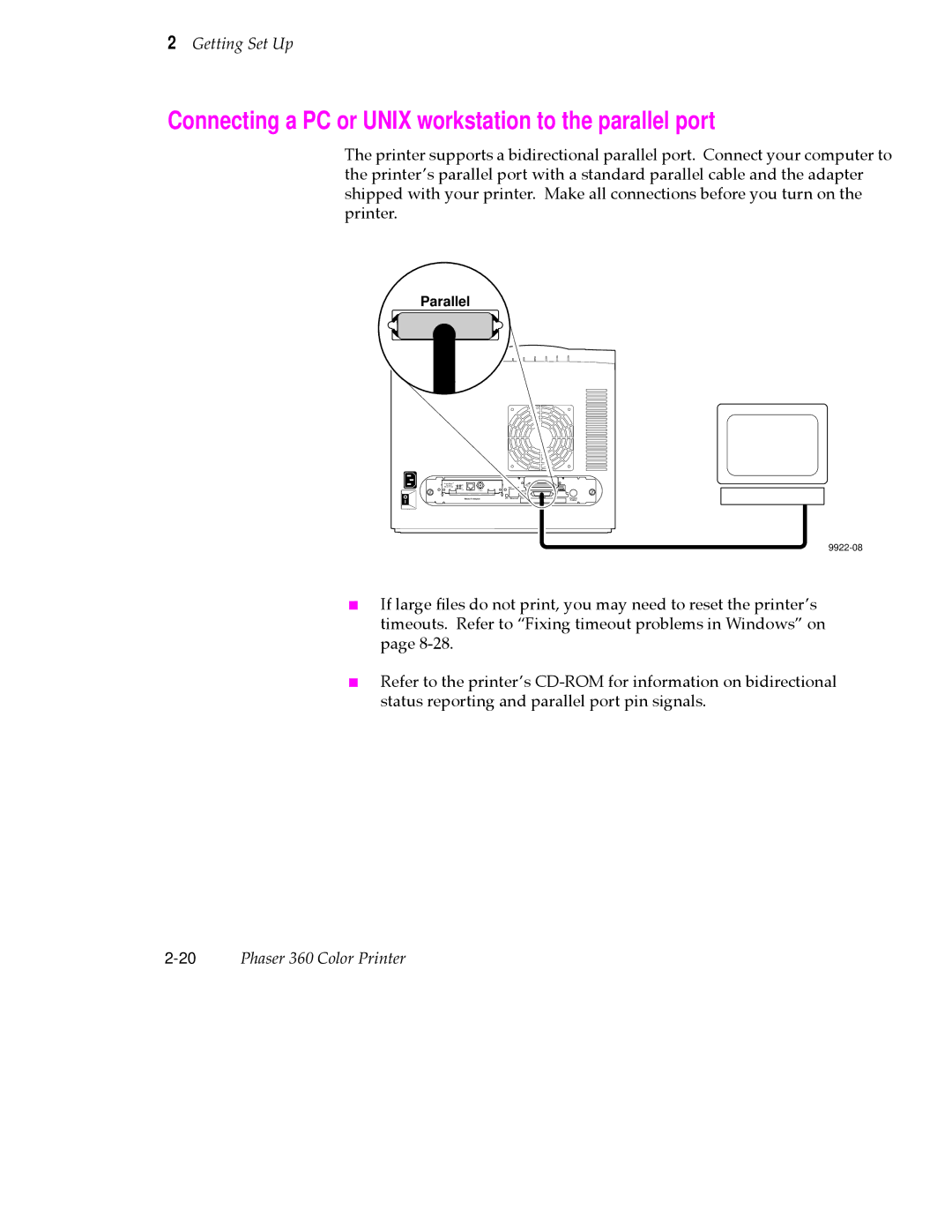 Tektronix 360 user manual Connecting a PC or Unix workstation to the parallel port, Parallel 