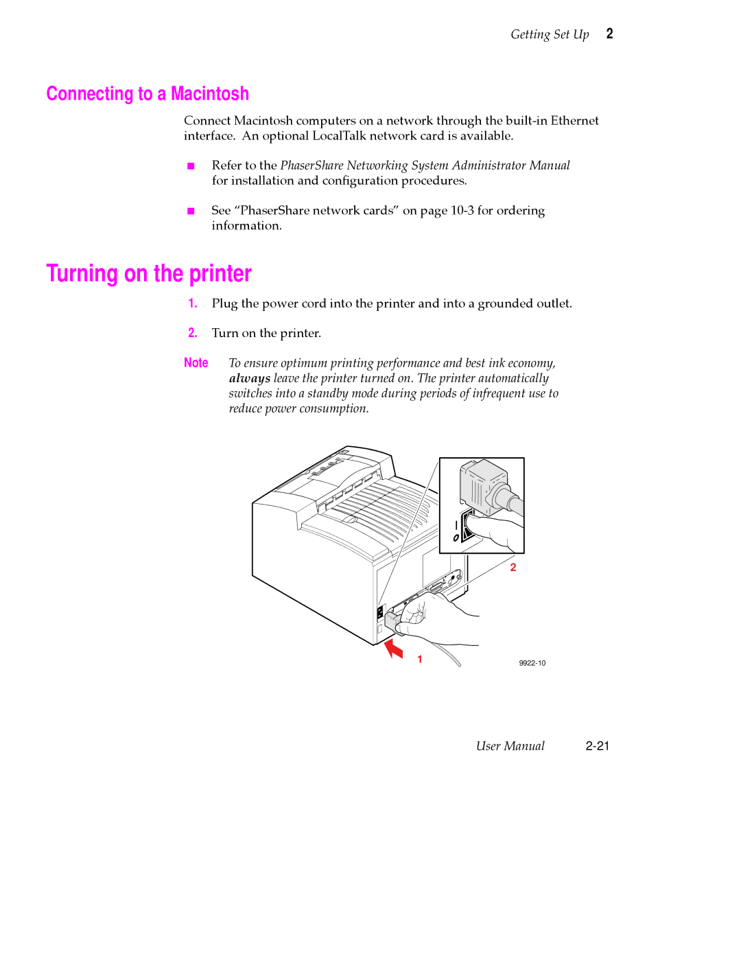 Tektronix 360 user manual Turning on the printer, Connecting to a Macintosh 