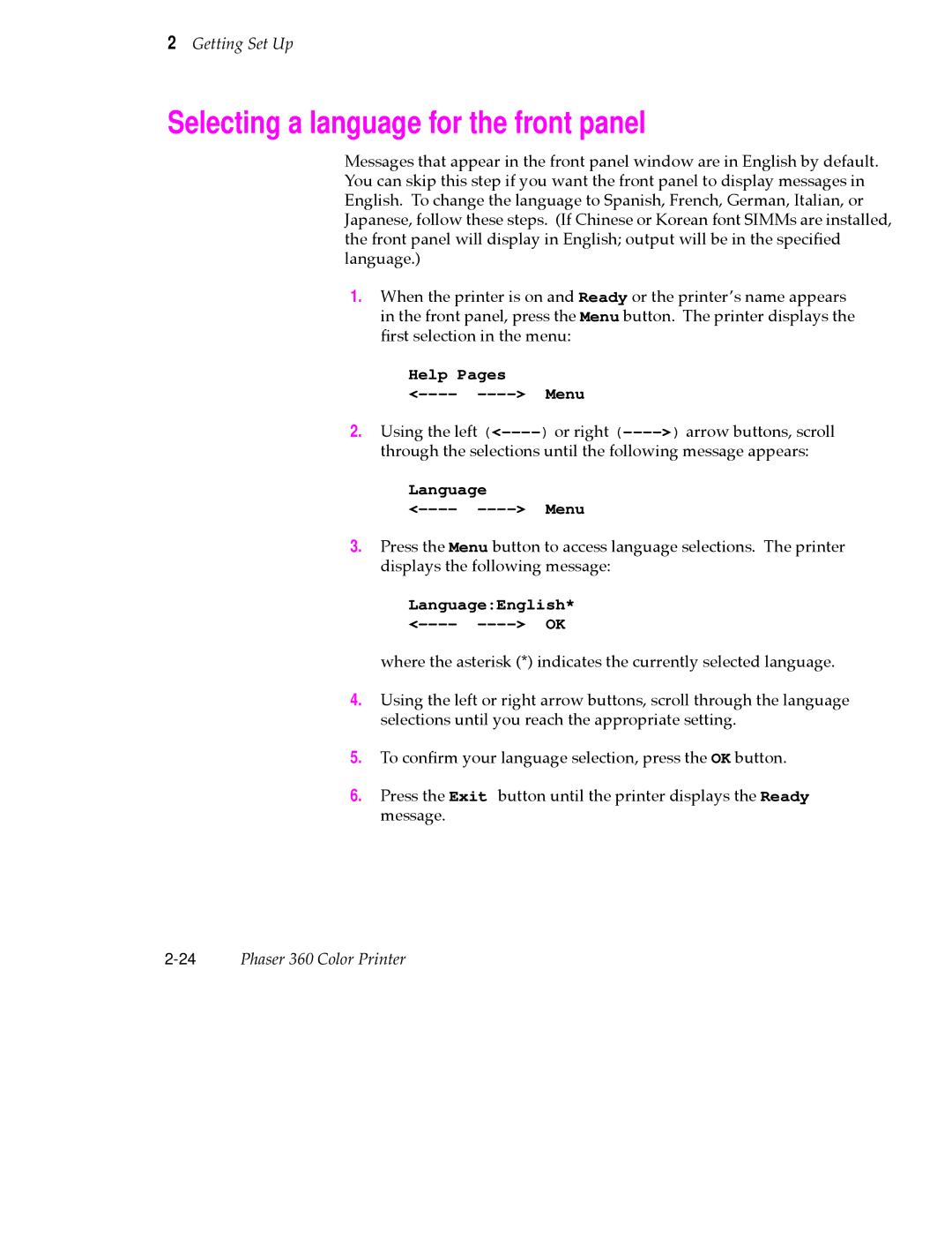 Tektronix 360 user manual Selecting a language for the front panel, Help Pages Menu 