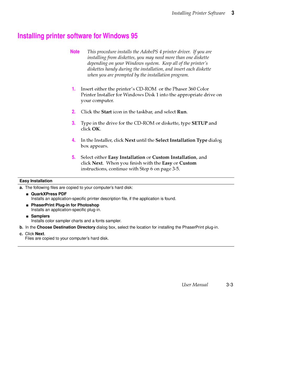 Tektronix 360 user manual Installing printer software for Windows, Easy Installation, Samplers 