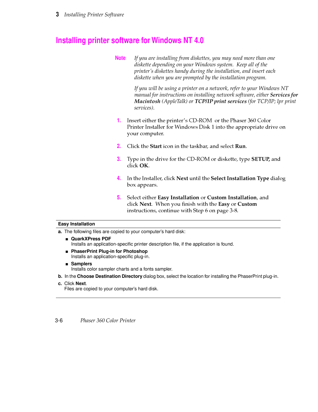 Tektronix 360 user manual Installing printer software for Windows NT, Easy Installation 