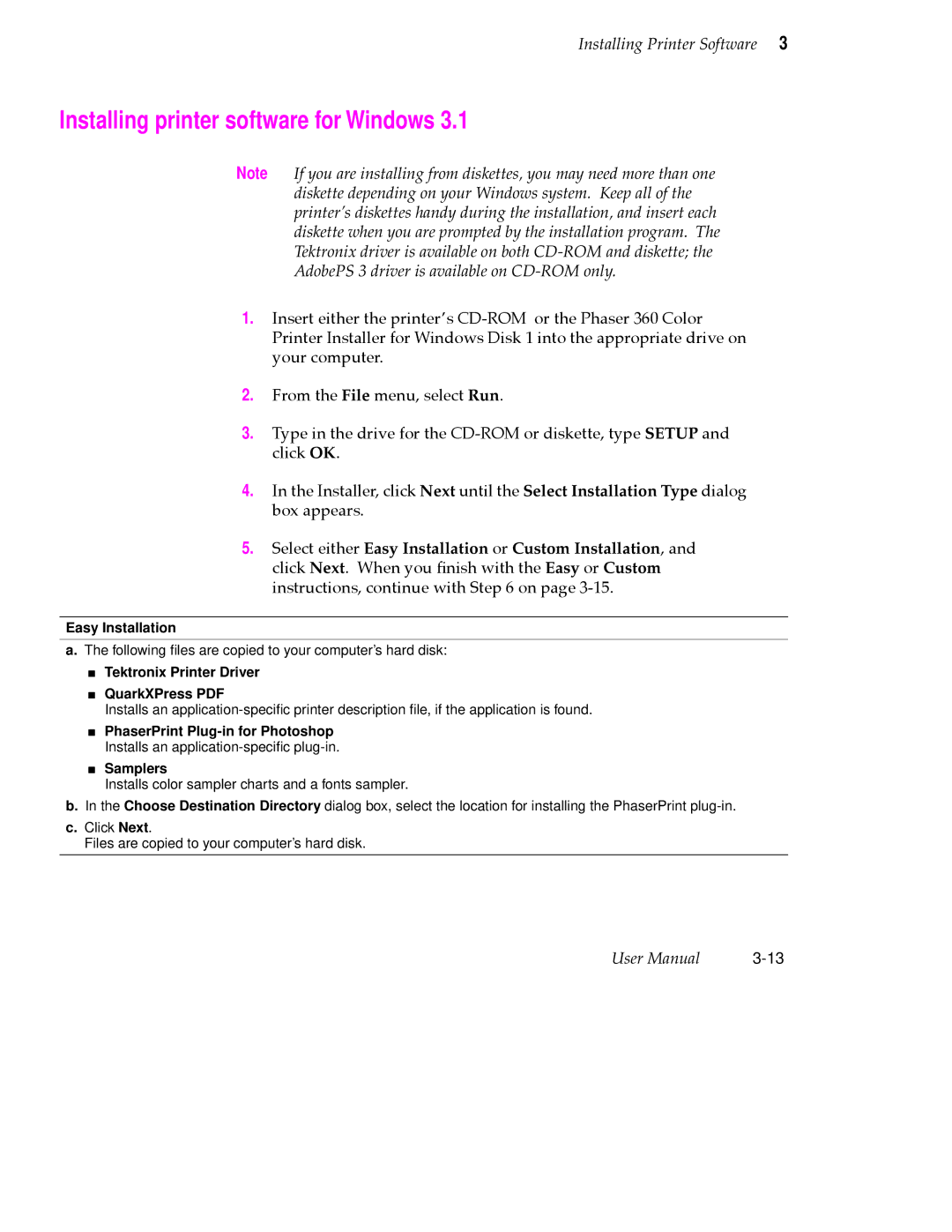 Tektronix 360 user manual Installing printer software for Windows, Tektronix Printer Driver 