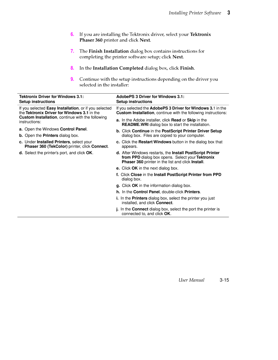 Tektronix 360 user manual If you selected the AdobePS 3 Driver for Windows 3, Tektronix Driver for Windows 3.1 