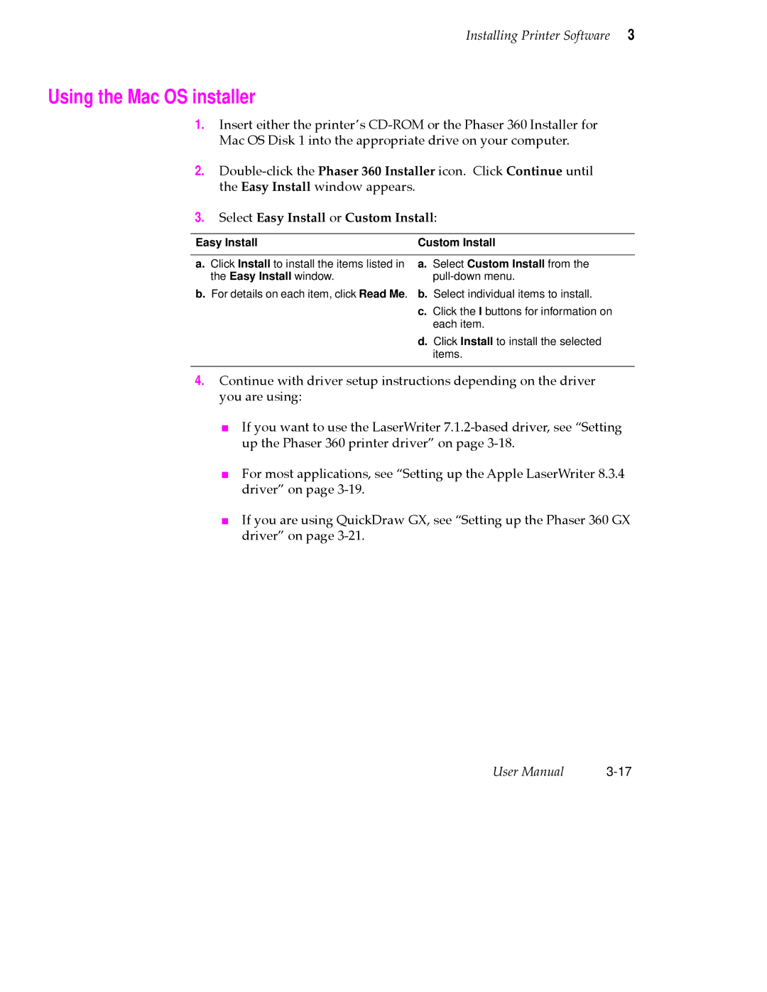 Tektronix 360 user manual Using the Mac OS installer, Select Easy Install or Custom Install, Easy Install Custom Install 