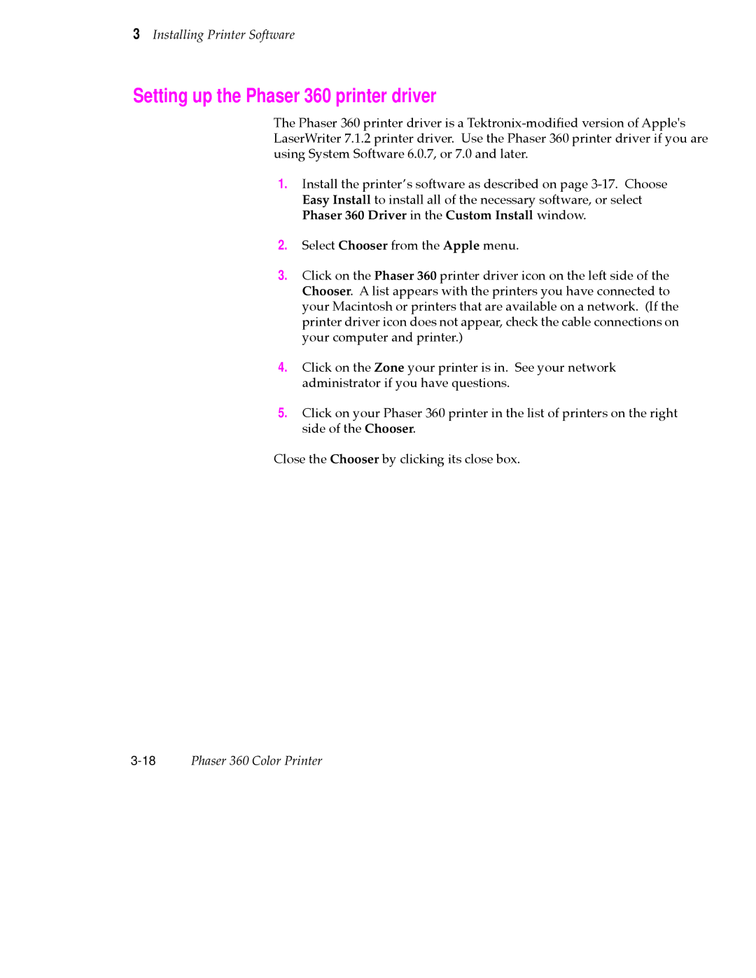 Tektronix user manual Setting up the Phaser 360 printer driver, Phaser 360 Driver in the Custom Install window 