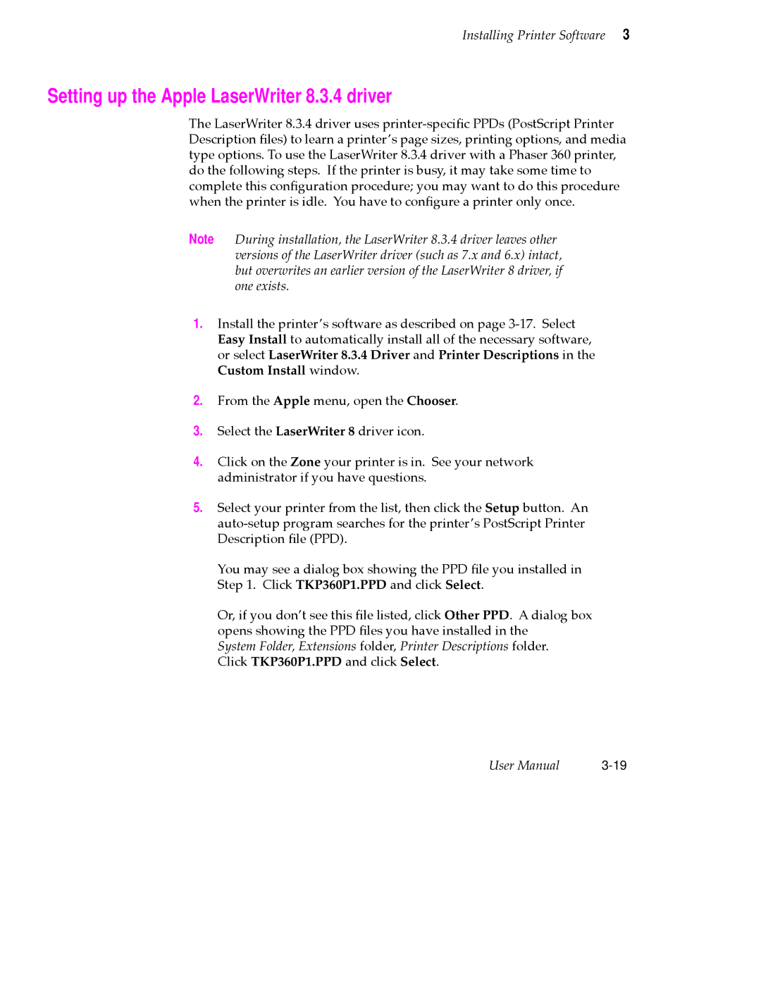 Tektronix 360 user manual Setting up the Apple LaserWriter 8.3.4 driver 