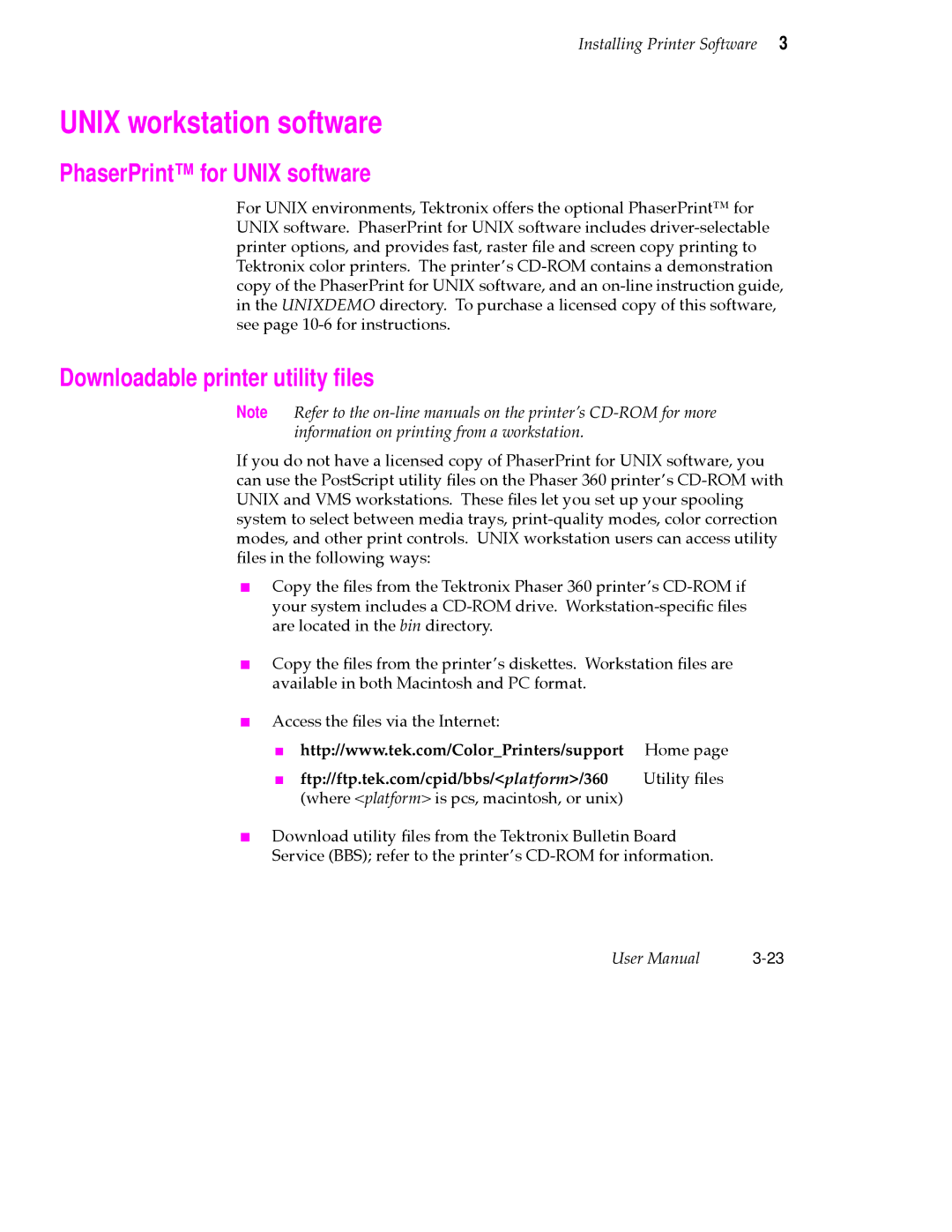 Tektronix 360 user manual Unix workstation software, PhaserPrint for Unix software, Downloadable printer utility ﬁles 