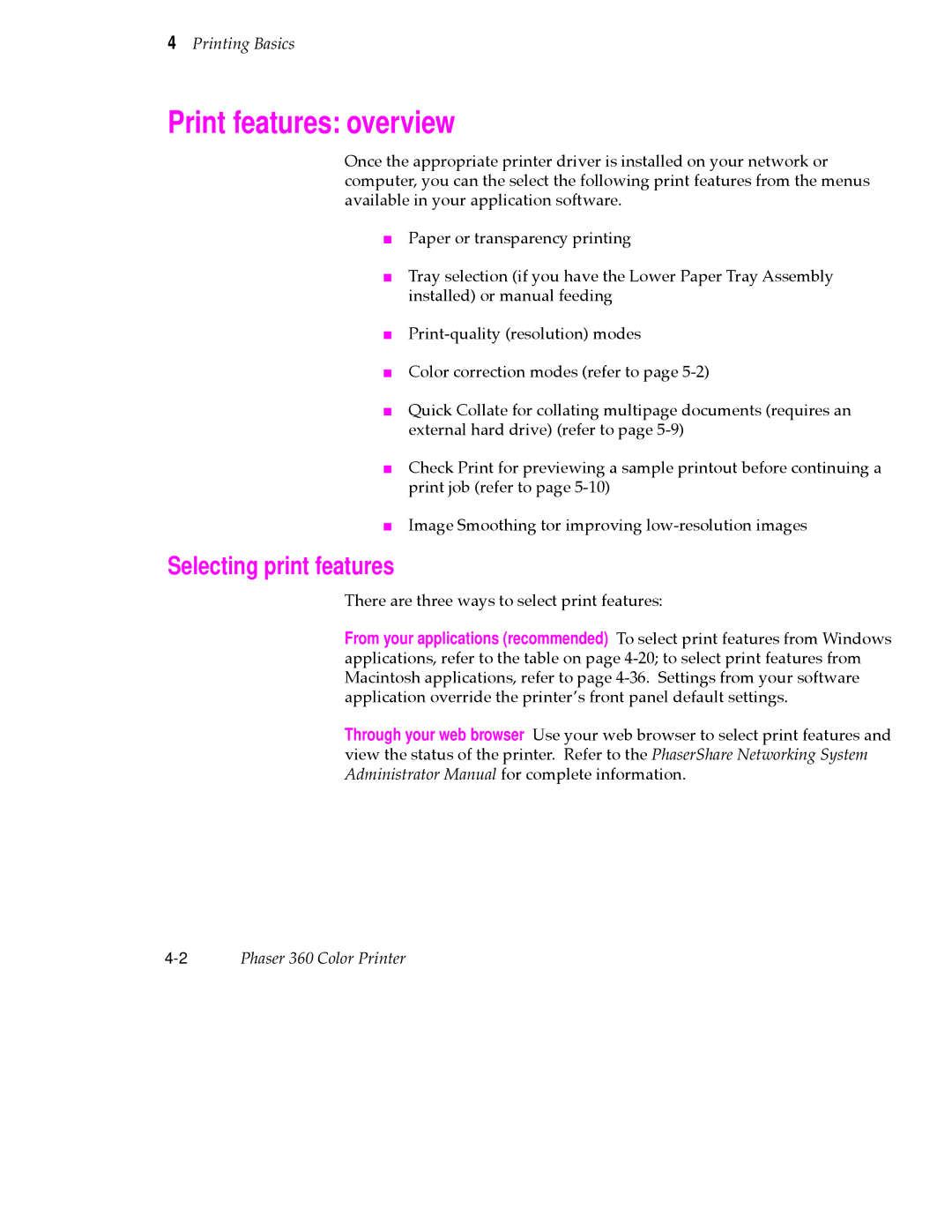 Tektronix 360 user manual Print features overview, Selecting print features 