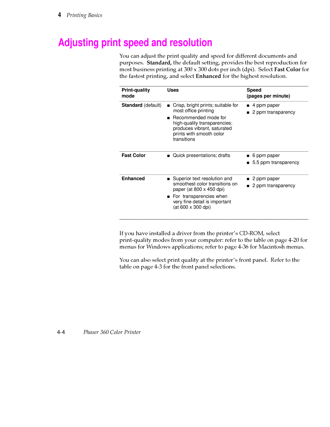 Tektronix 360 user manual Adjusting print speed and resolution, Fast Color, Enhanced 