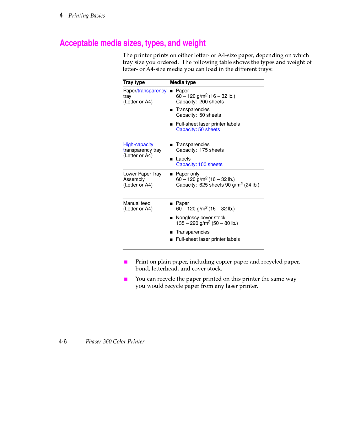 Tektronix 360 user manual Acceptable media sizes, types, and weight, Tray type Media type 