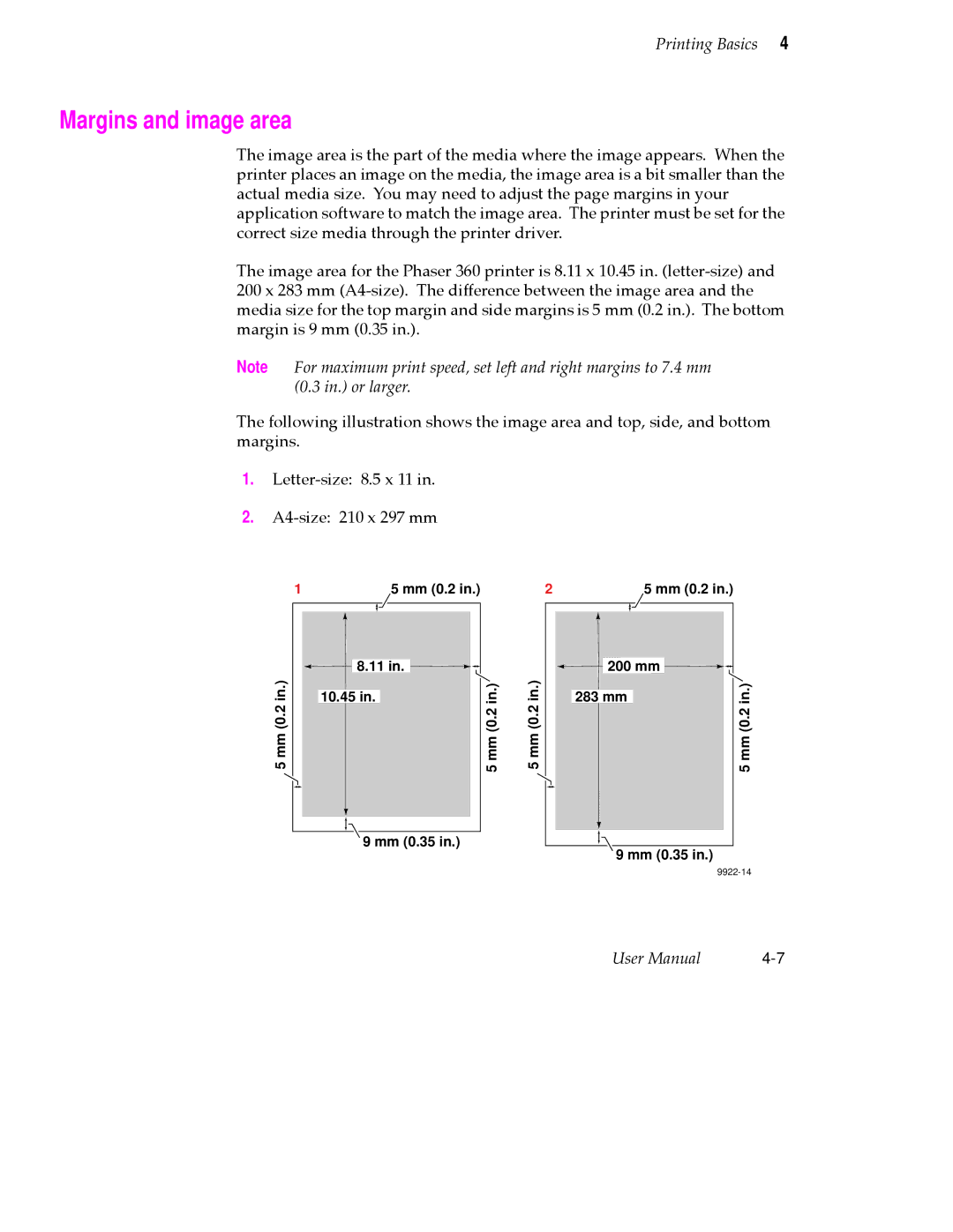 Tektronix 360 user manual Margins and image area, Letter-size X 11 A4-size 210 x 297 mm, Mm 0.2 200 mm 10.45 283 mm Mm 0.35 